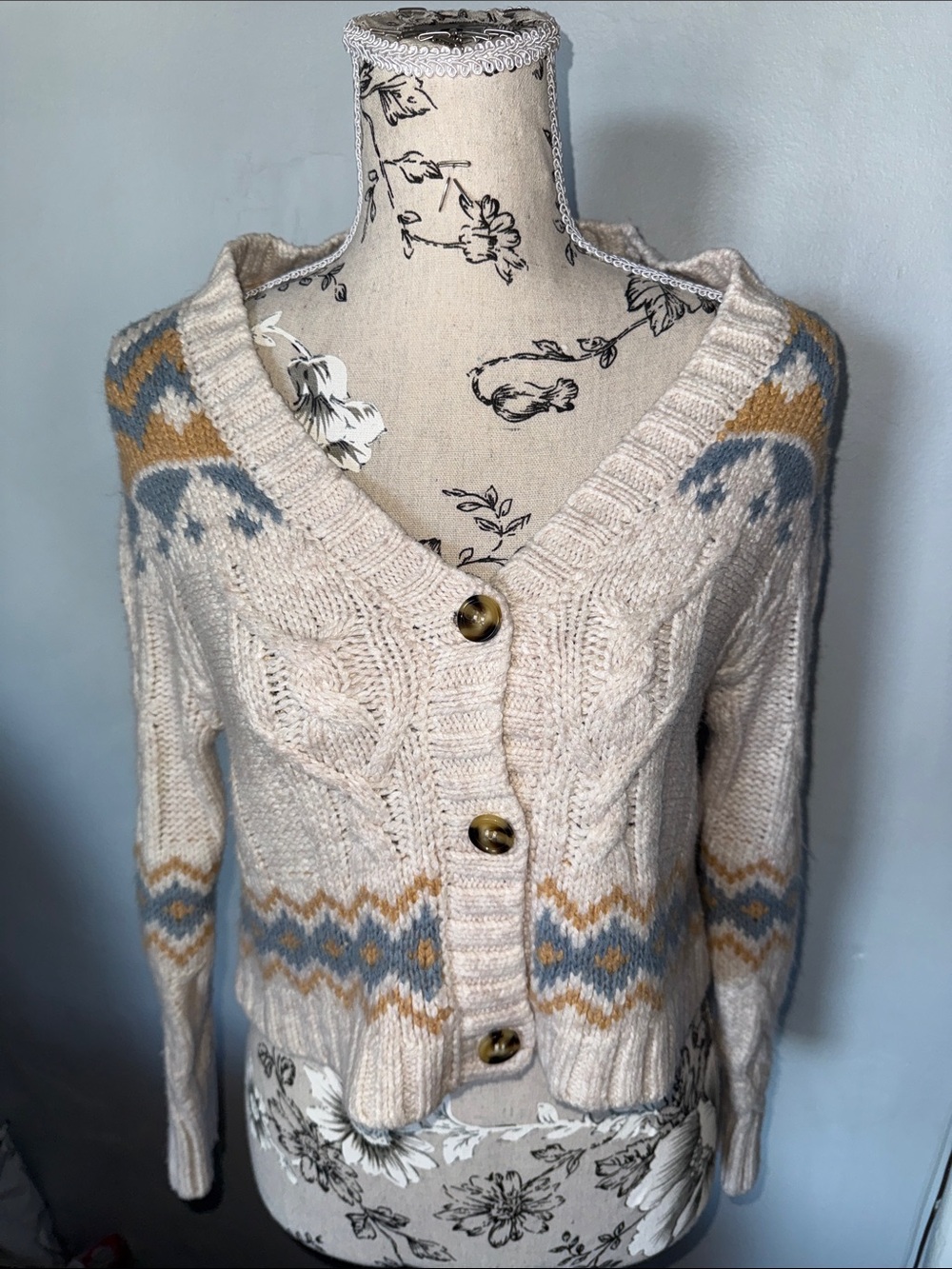Cream Cable Knit Cardigan with Blue & Mustard Fair Isle Accents